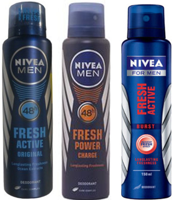 

Nivea Fresh Original,Fresh Power Charge, Fresh Active Burst (Set Of 3) Deo For Men Combo Set(Set of 3)