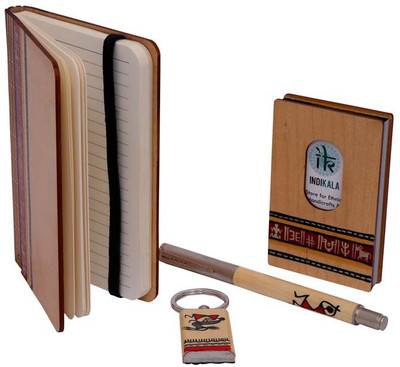 

Indikala Multicoloured Wooden Visiting Card Holder with Pen , Key Chain and DiarY Combo Set(Set of 4)