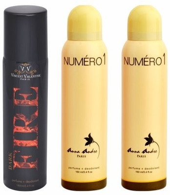 

Anna andre paris Set of Dark Fire, Numero 1 & Numero 1 Deodorants Combo Set(Set of 3)