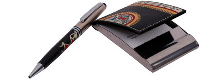 

Indikala Handcrafted Leather Visiting Card Holder with Ethnic Design Pen Combo Set(Set of 2)