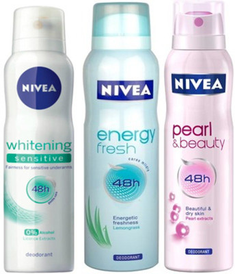 

Nivea Whitening Sensitive,Pearl&Beauty,Energy fresh Deodorants pack of 3 for Women Combo Set(Set of 3)