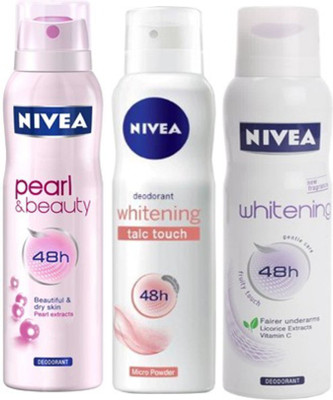 

Nivea Whitening talc touch ,Pearl&Beauty,fruity touch Deodorants Pack of 3 For Women Combo Set(Set of 3)