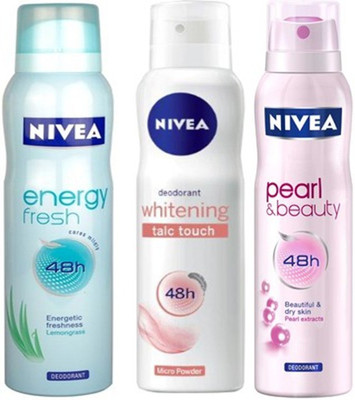 

Nivea Whitening Energy fresh,Pearl&Beauty,Talc touch Deodorants Pack of 3 For Women Combo Set(Set of 3)