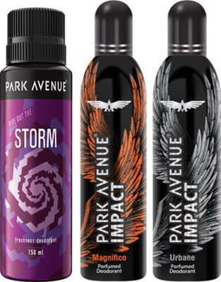 

Park avenue Impact Magnifico,Urbane,Storm prefumed Deodorants pack of 3 for Men Combo Set(Set of 3)