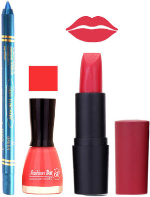 

Fashion Bar Nail Polish , otg Lipstick , Turquoise Blue Kajal Combo129(Set of 3)