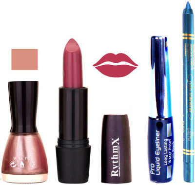 

Rythmx Shimmer Grey Light Pink Shades Nail Polish Pinkish Purple Lipstick With Eyeliner and Pro Non Transer Blue Kajal 580124(Set of 4)