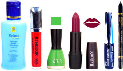 Rythmx Mauve Lipstick Parrot Green Nail Polish Remover Eye Liner Sindoor Black Kajal Combo Kit 9857(Set of 6)