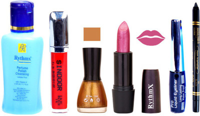 

Rythmx Shimmer Mazanta Lipstick Glitter Gold Nail Polish Remover Eye Liner Sindoor Black Kajal Combo Kit 9844(Set of 6)