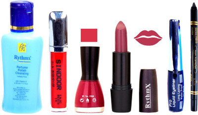 

Rythmx Pinkish Purple Lipstick Mazanta Pink Nail Polish Remover Eye Liner Sindoor Black Kajal Combo Kit 9838(Set of 6)