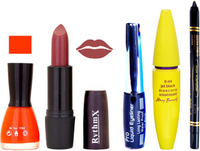 

Rythmx Redish Brown Lipstick Orange Nail Polish With Black EyeLiner Zed Black Kajal and Volumisant Express MasCara H(Set of 5)