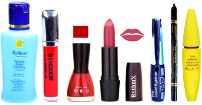 

Rythmx Pinkish Purple Lipstick Red Glitter Nail Polish Remover Eye Liner Sindoor Pro Non Transfer Black Kajal Maskara Combo Kit 2850(Set of 7)