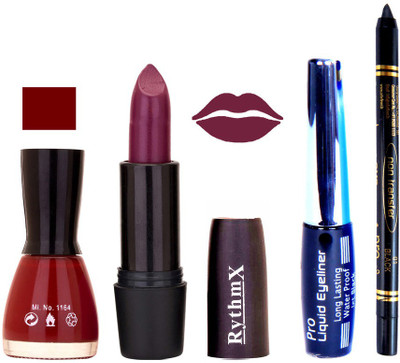 

Rythmx Maroon Nail Polish Jamuni Lipstick With Eyeliner and Pro Non Transfer Black Kajal 68106(Set of 4)