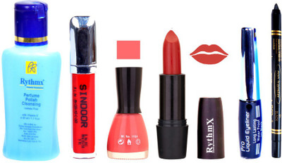 

Rythmx Glorious Red Lipstick Baby Pink Nail Polish Remover Eye Liner Sindoor Black Kajal Combo Kit 9863(Set of 6)