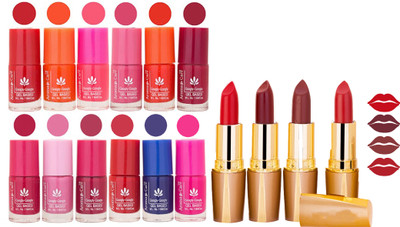 

Aroma Care 12 Piece Vibrant Color Nail Polish Combo Set With 4 Rythm Creamy Matte Lipstick Combo 144(Set of 16)