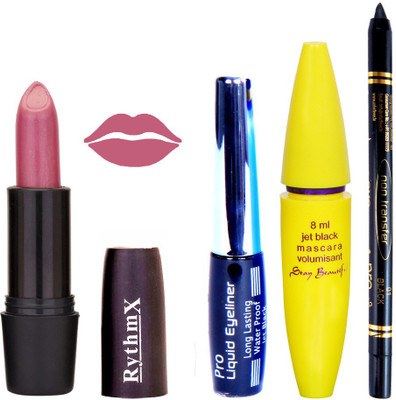 

Rythmx Shimmer Voilet Purple Lipstick Bold Look Eyeliner Black kajal Magnum Beauty Maskara Kit 1093(Set of 4)