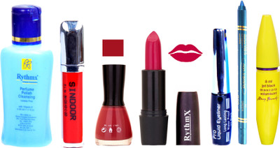 

Rythmx Bright Mazanta Lipstick Mauvish Pink Nail Polish Remover Black EyeLiner Sindoor Turquoise Blue Kajal Maskara 10(Set of 7)