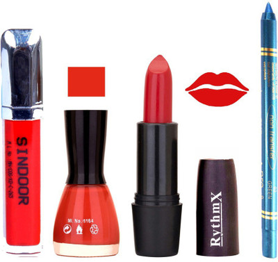 

Rythmx Shimmer Mazanta Lipstick Browny Orange Shade Nail Polish Sindoor and Non Pro Transfer Turquoise Blue Kajal Combo kit 9919(Set of 4)