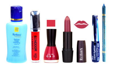 

Rythmx Pinkish Purple Lipstick Neon Pink Nail Polish Remover Eye Liner Sindoor Turquoise Blue Kajal Combo Kit 8918(Set of 6)