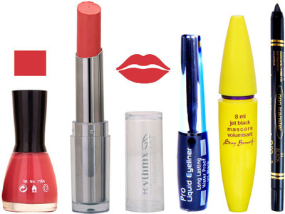 

Rythmx Intense Matte Peach Shade Lipstick, Neon Pink Nail Polish,Black Eyeliner,Mascara, And Stay On Black Kajal 7331(Set of 5)