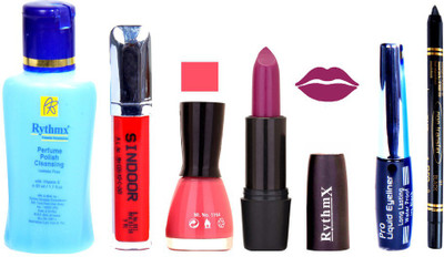 

Rythmx Jamini Mauve Lipstick Light Pink Nail Polish Remover Eye Liner Sindoor Black Kajal Combo Kit 9852(Set of 6)