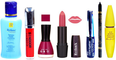 

Rythmx Purple Lipstick Dark Maznata Nail Polish Remover Eye Liner Sindoor Pro Non Transfer Black Kajal Maskara Combo Kit 2820(Set of 7)