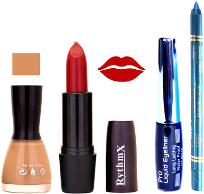 

Rythmx Musted Nail Polish Red Lipstick With Eyeliner and Pro Non Transfer Blue Kajal 580149(Set of 4)
