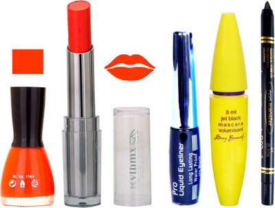 

Rythmx Intense Matte Orange Shade Lipstick, Fantasy Orange Nail Polish,Black Eyeliner,Mascara, And Stay On Black Kajal 7292(Set of 5)