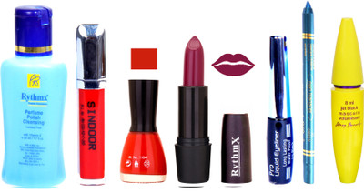 

Rythmx Brown Lipstick Yellow Nail Polish Remover Eye Liner Sindoor Pro Non Transfer Turquoise Blue Kajal Maskara Color Bomb Kit 1805(Set of 7)