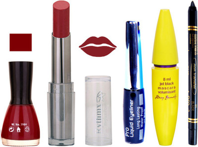 

Rythmx Intense Matte Wine Shade Lipstick, Cherry Red Nail Polish,Black Eyeliner,Mascara, And Stay On Black Kajal 7303(Set of 5)