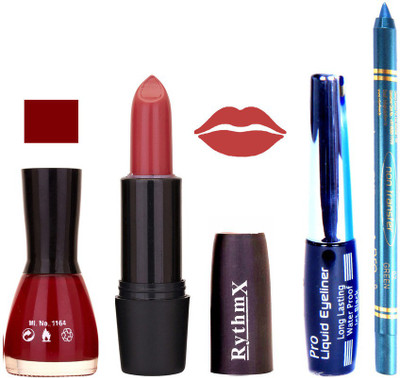 

Rythmx Dark Merry Red Nail Polish Gajri Shades Lipstick With Eyeliner and Pro Non Transfer Blue Kajal 580107(Set of 4)