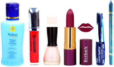 

Rythmx Purple Lipstick ,Polish Remover, Sindoor, Nail Polish,EyeLiner, Remover,Turqoise Blue Kajal, Makeup kit Combo 12002(Set of 6)