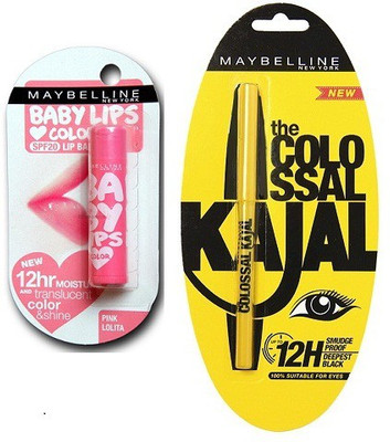 

Maybelline Colossal 0.35 g(Black) & Baby Lips Pink Lolita(4 g)(Set of 2)