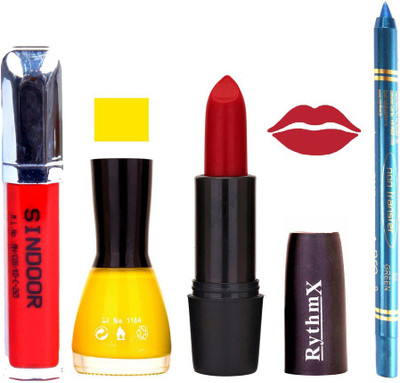 

Rythmx Rose Red Lipstick Yellow Shade Nail Polish Sindoor and Non Pro Transfer Turquoise Blue Kajal Combo kit 9900(Set of 4)