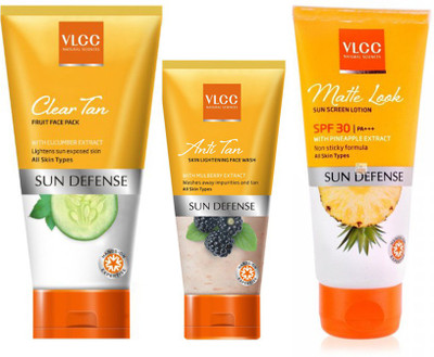 

VLCC Matte Look Sunscreen Lotion - SPF 30 PA+++ (100 g), Clear Tan Fruit Face Pack (85 g) and Anti Tan Skin Lightening Face Wash (50 g)(Set of 3)