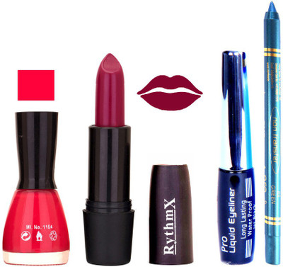 

Rythmx Lovly Pink Nail Polish Mazanta Mauve Lipstick With Eyeliner and Pro Non Transfer Blue Kajal 580142(Set of 4)