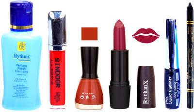 

Rythmx Brown Lipstick Orangy Brown Nail Polish Remover Eye Liner Sindoor Black Kajal Combo Kit 9827(Set of 6)