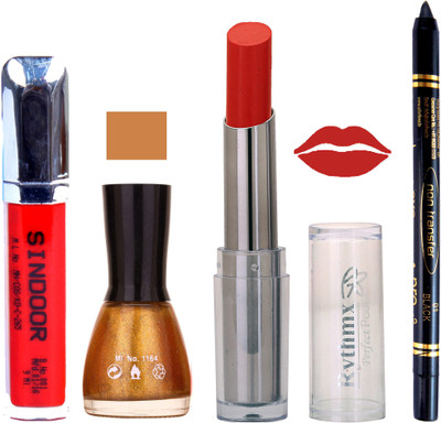 

Rythmx Lipstick Sindoor,Nail Polish,Black Kajal Makeup Pack Combo 641(Set of 4)