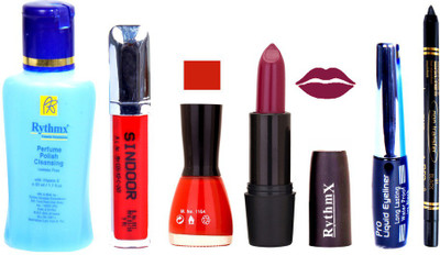 

Rythmx Brown Lipstick Yellow Nail Polish Remover Eye Liner Sindoor Black Kajal Combo Kit 9805(Set of 6)