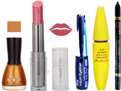 

Rythmx Intense Matte Shimmer Light Shade Lipstick, Glitter Gold Nail Polish,Black Eyeliner,Mascara, And Stay On Black Kajal 7325(Set of 5)