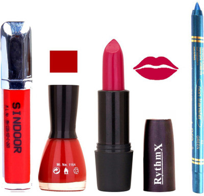 

Rythmx Bright Mazanta Lipstick Redish Brown Shade Nail Polish Sindoor and Non Pro Transfer Turquoise Blue Kajal Combo kit 9912(Set of 4)
