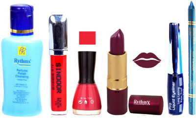 

Rythmx Pure Red Lipstick Baby Pink Nail Polish Remover Eye Liner Sindoor Turquoise Blue Kajal Combo Kit 8929(Set of 6)