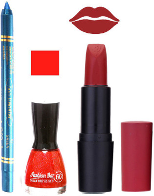 

Fashion Bar Nail Polish , otg Lipstick , Turquoise Blue Kajal Combo108(Set of 3)