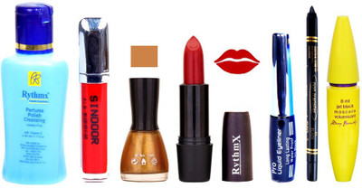

Rythmx Red Lipstick Gold Nail Polish Remover Eye Liner Sindoor Pro Non Transfer Black Kajal Maskara Combo Kit 2845(Set of 7)