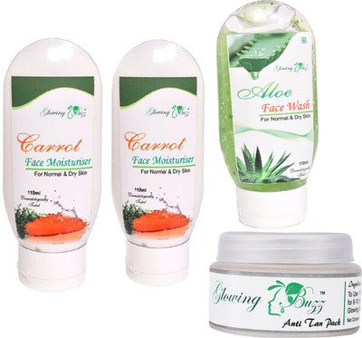 

Glowing Buzz Combo of 1 Aloe Face Wash, 2 Carrot Moisturiser and 1 Natural Anti tan Pack for normal to dry skin(Set of 4)