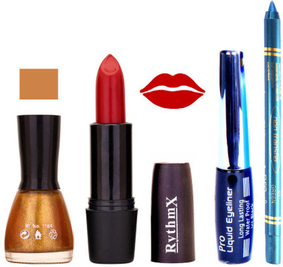 

Rythmx Glitter gold Nail Polish RedLipstick With Eyeliner and Pro Non Transfer Blue Kajal 580132(Set of 4)