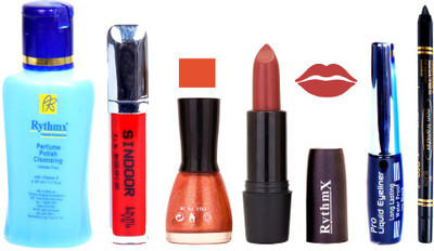 

Rythmx Pinkish Peach Lipstick Glitter ORange Nail Polish Remover Eye Liner Sindoor Black Kajal Combo Kit 9846(Set of 6)