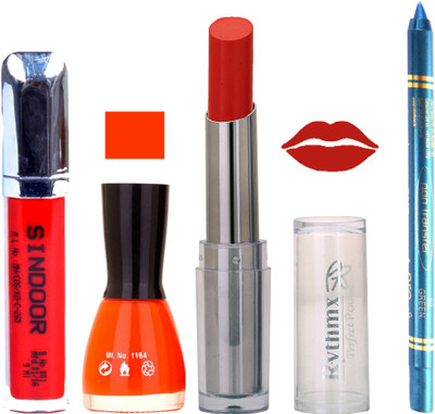 

Rythmx Lipstick Sindoor,Nail Polish,Turquois Blue Kajal Makeup Pack Combo 609(Set of 4)