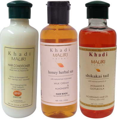 

Khadi Mauri Herbal Hair Conditioner - Honey Sat Shampoo & Shikakai Oil Combo Pack of 3 Ayurvedic Natural 210 ml each(Set of 3)