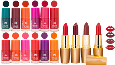

Aroma Care 12 Piece Vibrant Color Nail Polish Combo Set With 4 Rythm Creamy Matte Lipstick Combo 134(Set of 16)