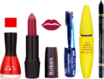 

Rythmx Rose Mauve Lipstick Chilly Red Nail Polish With Black EyeLiner Zed Black Kajal and Volumisant Express MasCara Z(Set of 5)